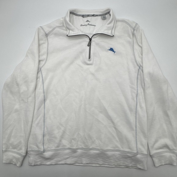 Tommy Bahama Men's Large Tobago Bay White 1/2 Zip Pullover Sweatshirt Marlin EUC